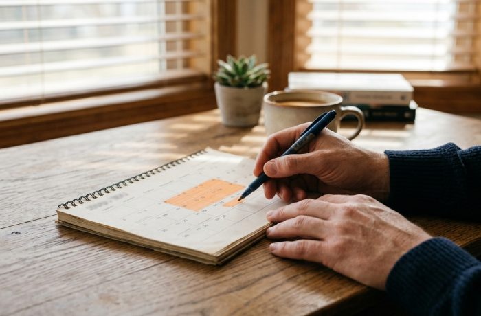 Una persona revisa fechas en un calendario de escritorio para la actualizacion de manual M-274.
