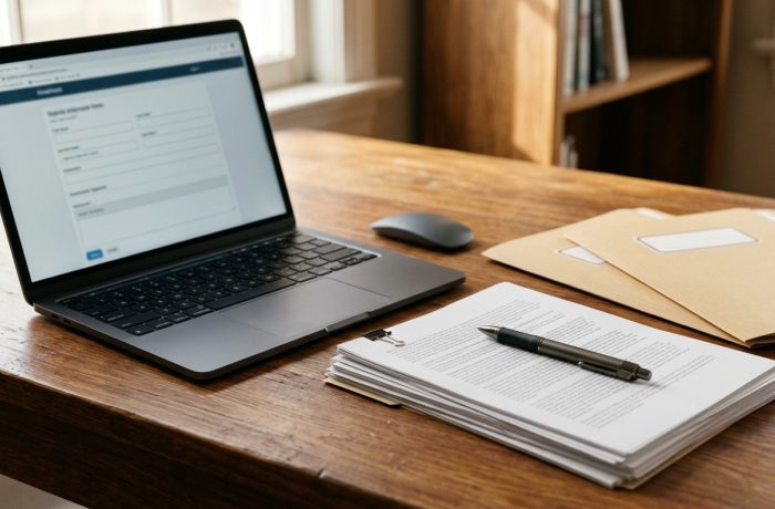 Escritorio con documentos y computadora para ilustrar el cambio en procesamiento de asilo.